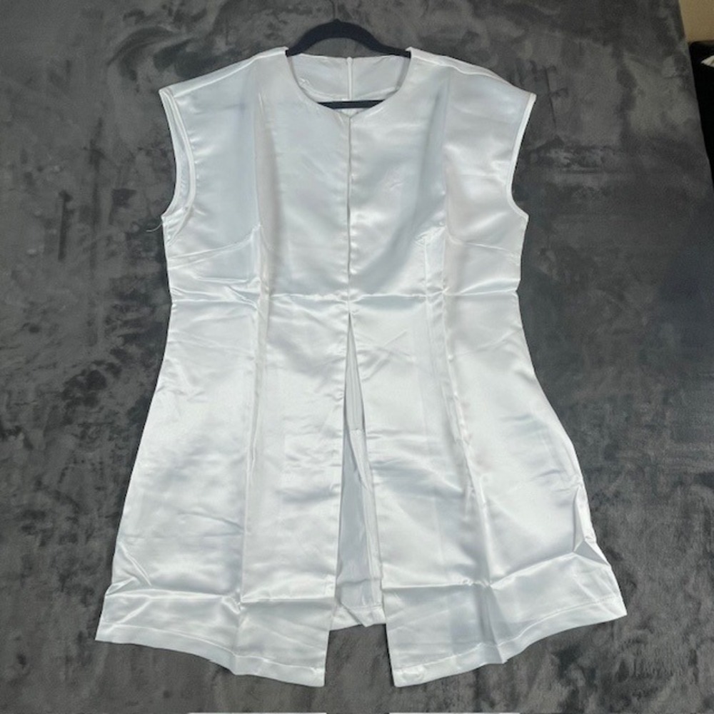 White Satin 2 Piece Set Sleeveless Longline Tunic & Wide Leg Pants Set 2XL